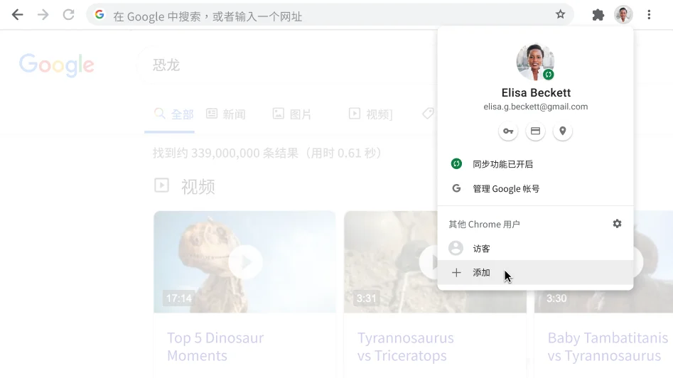 打开了一个“个人资料”对话框的 Chrome 浏览器窗口。