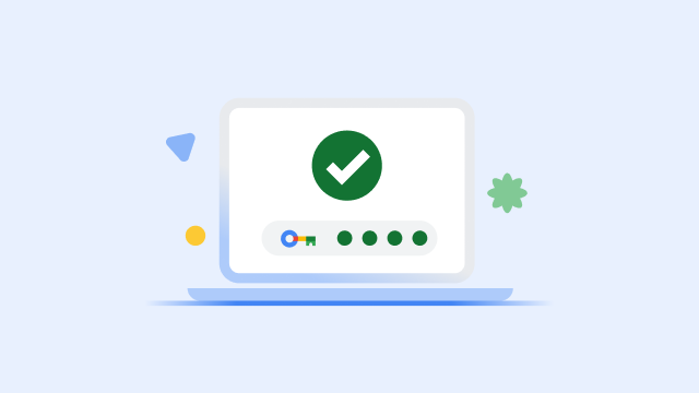 笔记本电脑屏幕上显示一个大大的绿色对勾标记，以及一个已完成的安全密钥进度条。